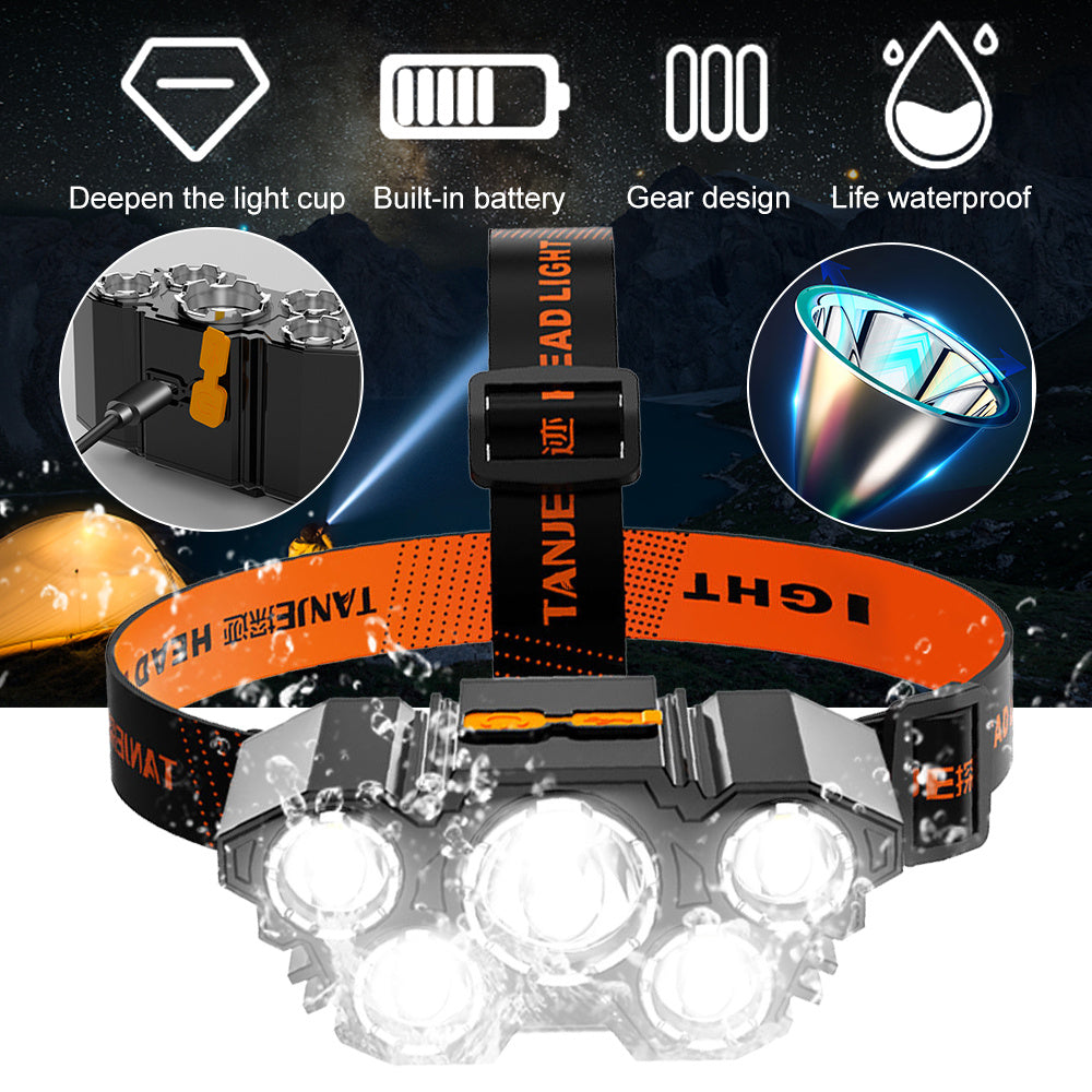 USB Strong Light Super Bright Rechargeable Fishing Five Head Lamp