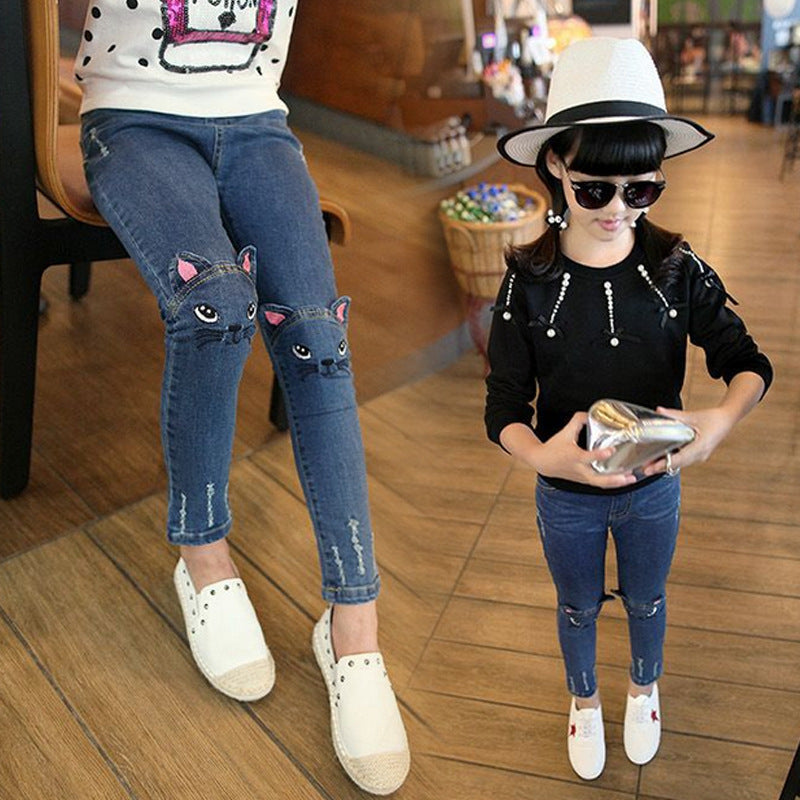 Girls' Children's Clothing Children's Cartoon Cat Embroidery Spring And Autumn Jeans Pencil Pants