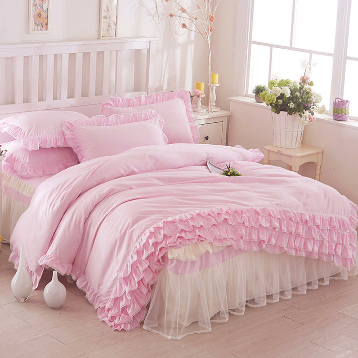 Princess Lace Bed Skirt-style Bedspread Style Four-piece Solid Color Lace