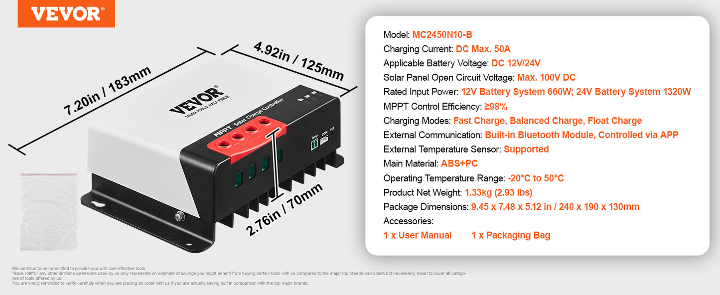 VEVOR 30A/40A/50A MPPT Solar Charge Controller 12V/24V Auto DC Input Bluetooth Module for Sealed(AGM) & Lithium Battery Charging