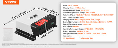 VEVOR 30A/40A/50A MPPT Solar Charge Controller 12V/24V Auto DC Input Bluetooth Module for Sealed(AGM) & Lithium Battery Charging