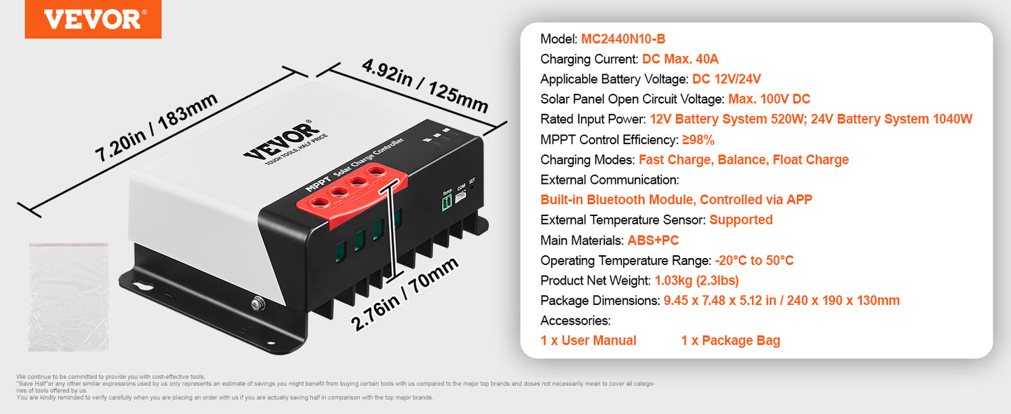 VEVOR 30A/40A/50A MPPT Solar Charge Controller 12V/24V Auto DC Input Bluetooth Module for Sealed(AGM) & Lithium Battery Charging