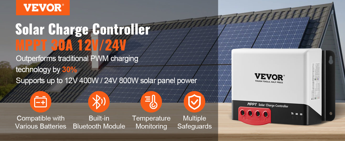 VEVOR 30A/40A/50A MPPT Solar Charge Controller 12V/24V Auto DC Input Bluetooth Module for Sealed(AGM) & Lithium Battery Charging