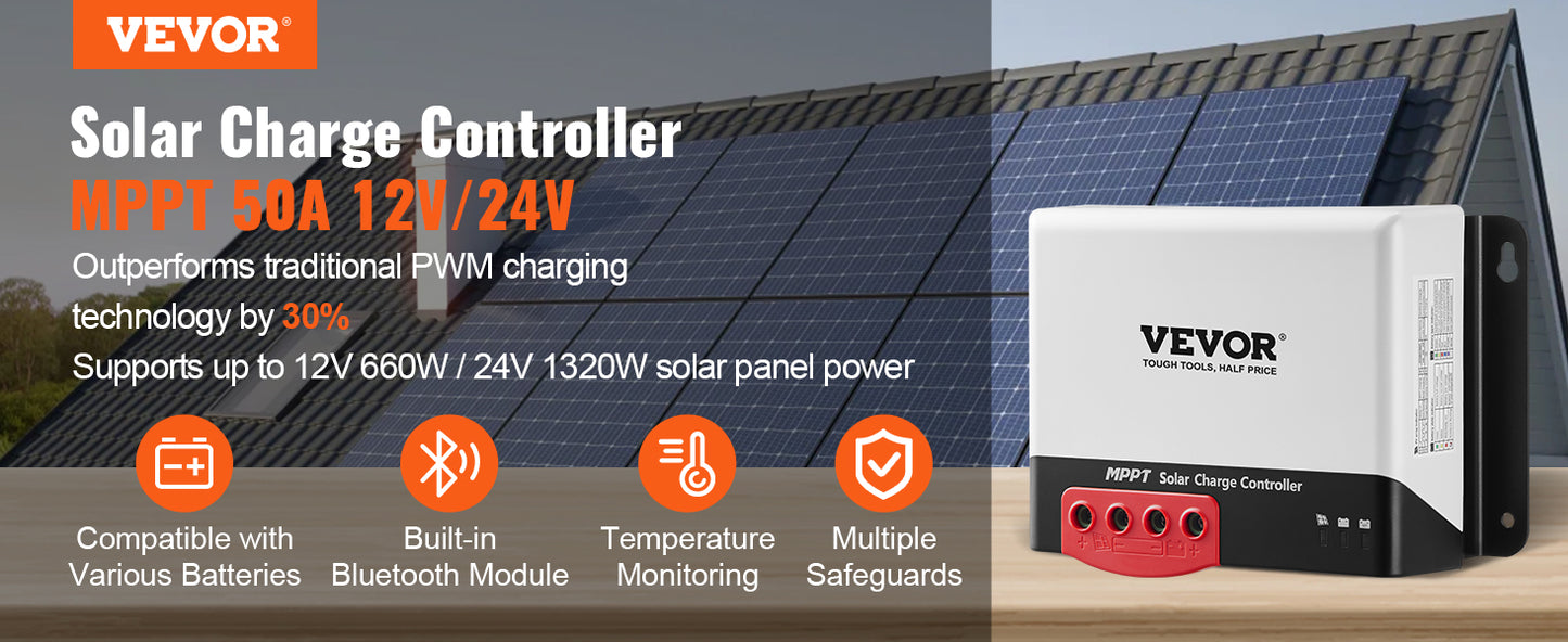 VEVOR 30A/40A/50A MPPT Solar Charge Controller 12V/24V Auto DC Input Bluetooth Module for Sealed(AGM) & Lithium Battery Charging