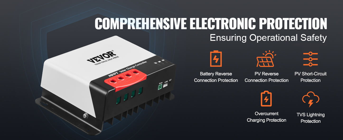 VEVOR 30A/40A/50A MPPT Solar Charge Controller 12V/24V Auto DC Input Bluetooth Module for Sealed(AGM) & Lithium Battery Charging