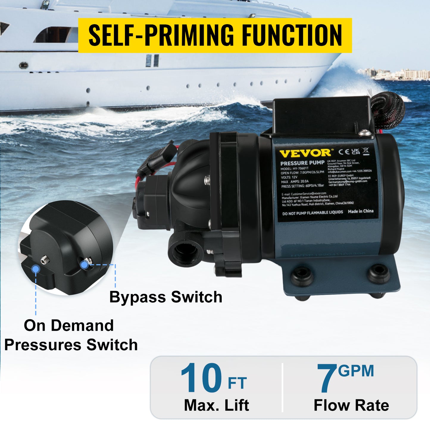 VEVOR Washdown Pump 12V RV Water Pump 7 GPM 60 PSI Max. 10 FT Lift Self Priming for Marine Deck, Yacht, Caravan Motorhome Boat